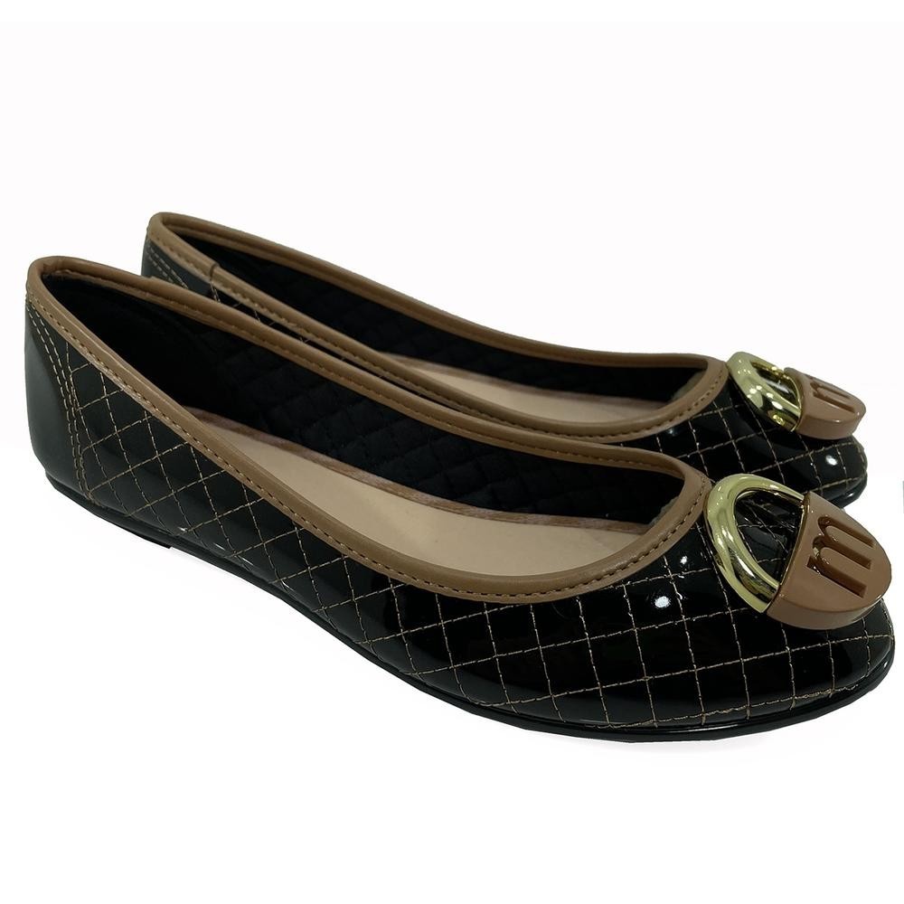 Sapatilha Moleca Metal Verniz Matelasse Feminina – Preto e Caramelo