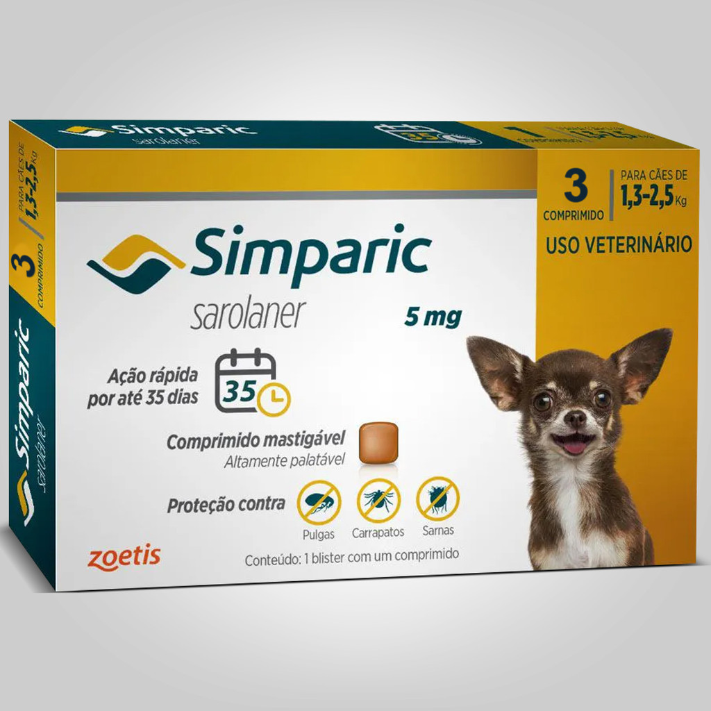 Antipulgas e Carrapatos Simparic 5mg para Cães de 1,3 A 2,5kg – 3 Compridos