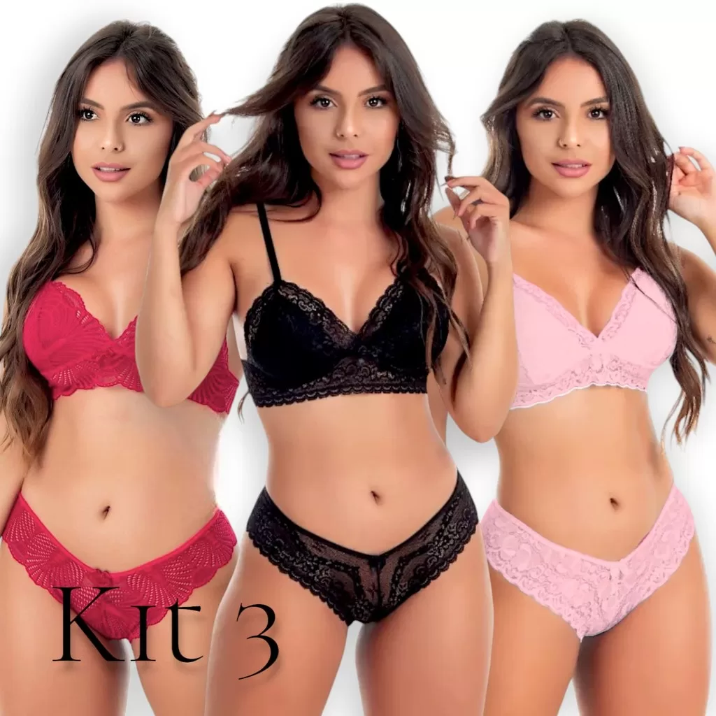 Kit 3 Conjunto Calcinha e Sutiã Sem Bojo Renda Lingerie Calcinhas Lingerie Feminina Langerie