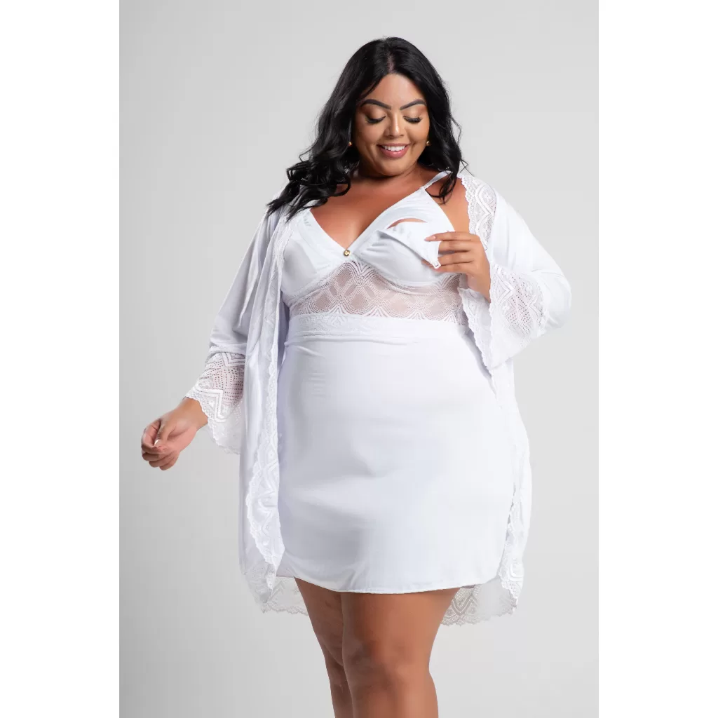 KIT CAMISOLA AMAMENTAÇÃO E ROBE PLUS SIZE YASMIN FLORALLYS LACTANTE RENDA LUXO
