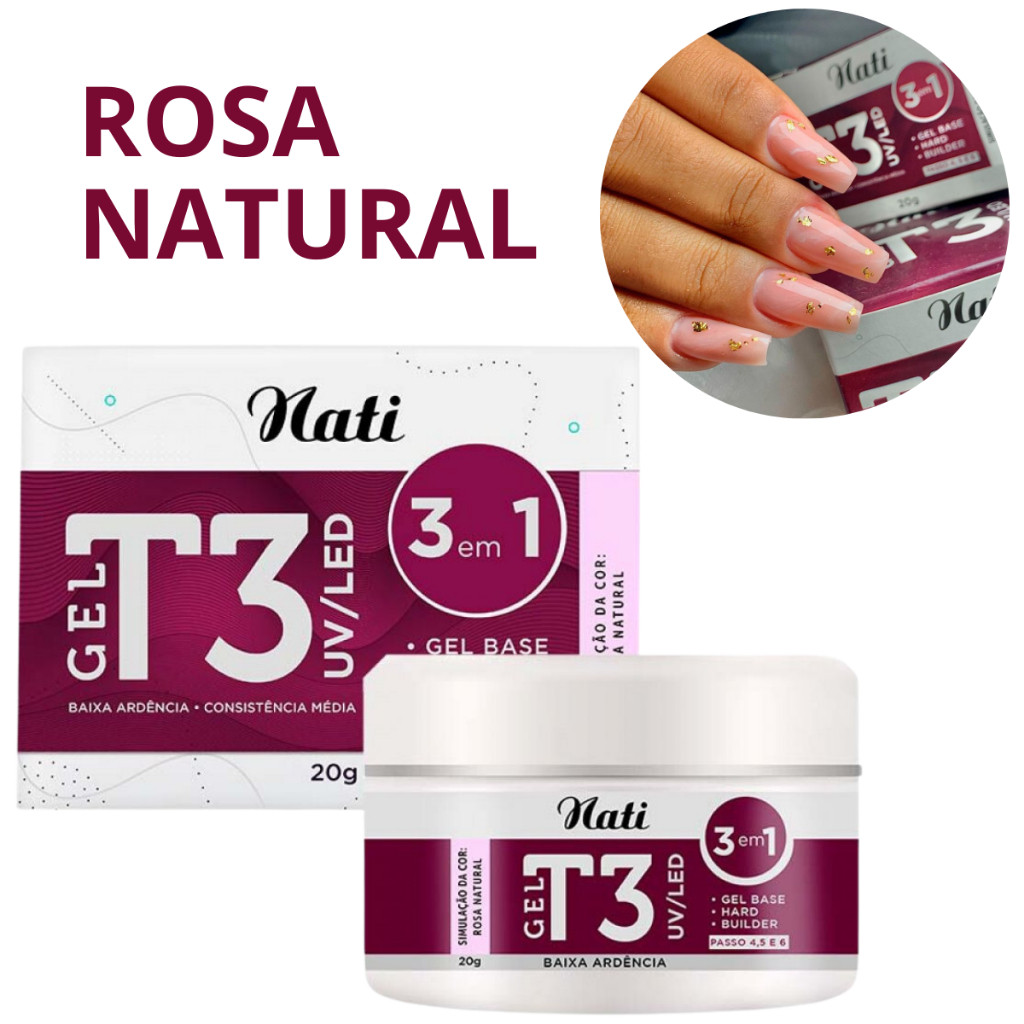 Gel Base Construtor T3 Nati Uv/Led p/ Alongamentos de Unhas 3 em 1 Cor Rosa Natural Hard Builder