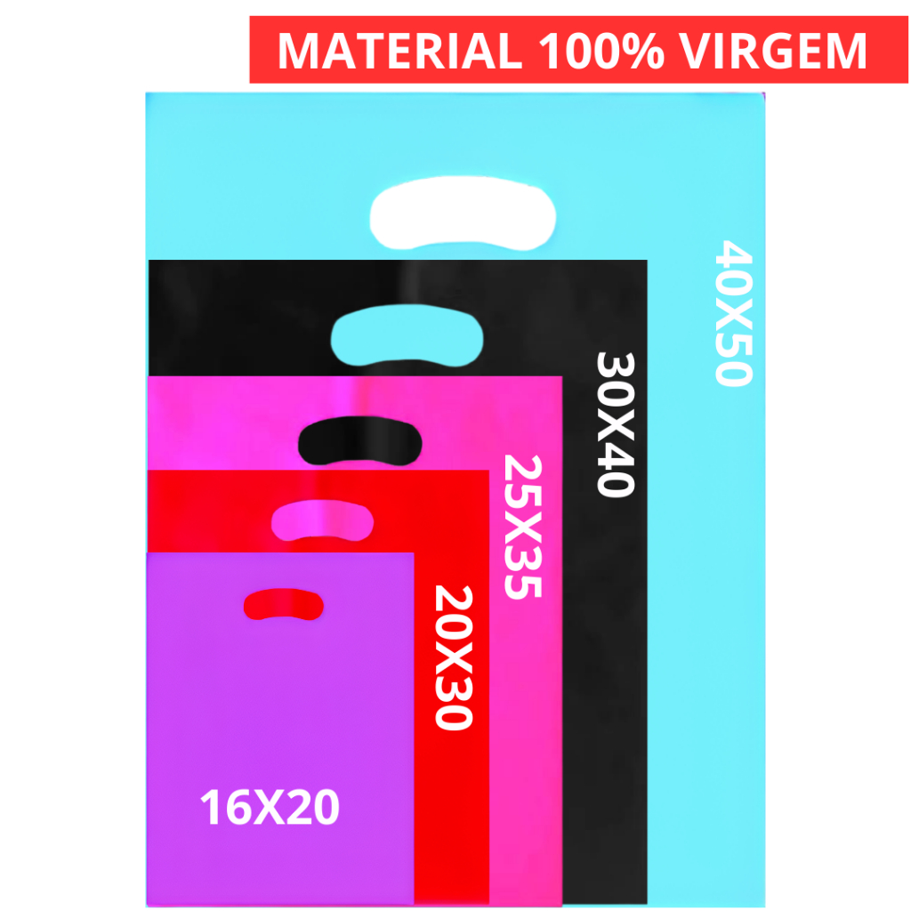50 Unidades sacolas plasticas 16×20 – 20×30 – 25×35 – 30×40 – 40×50 – alça vazada – boca de palhaço