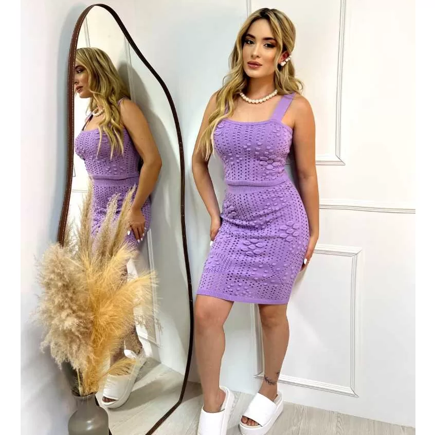 Conjunto Feminino Tricô Modal Premium Saia e Cropped Ponto Crochê c/ Forro Moda Verão Realize Tricot