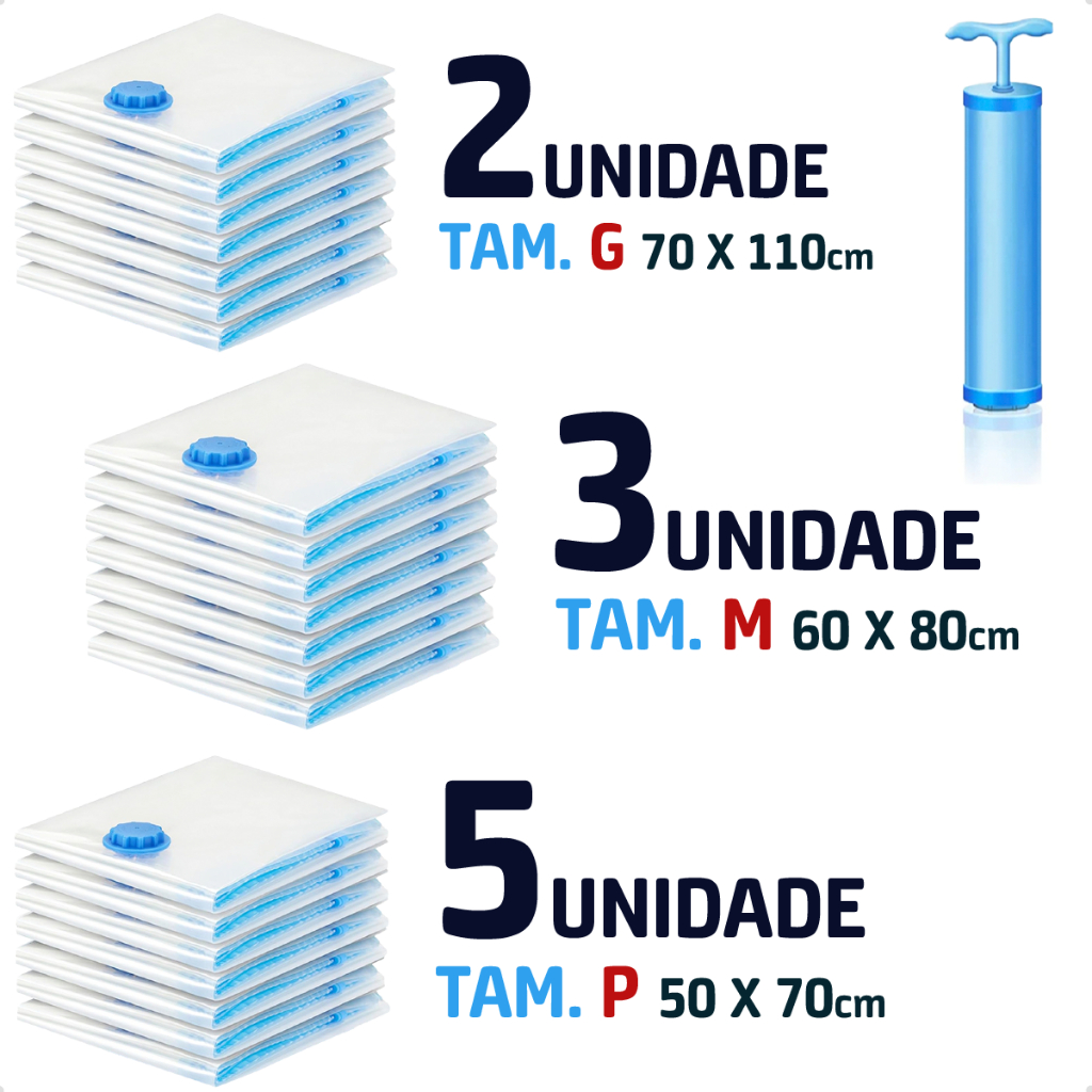 Kit 5 ou 10 Saco a Vacuo Mala Viagem Organizador Roupas Edredom inclui Bomba com 5p 3m 2g