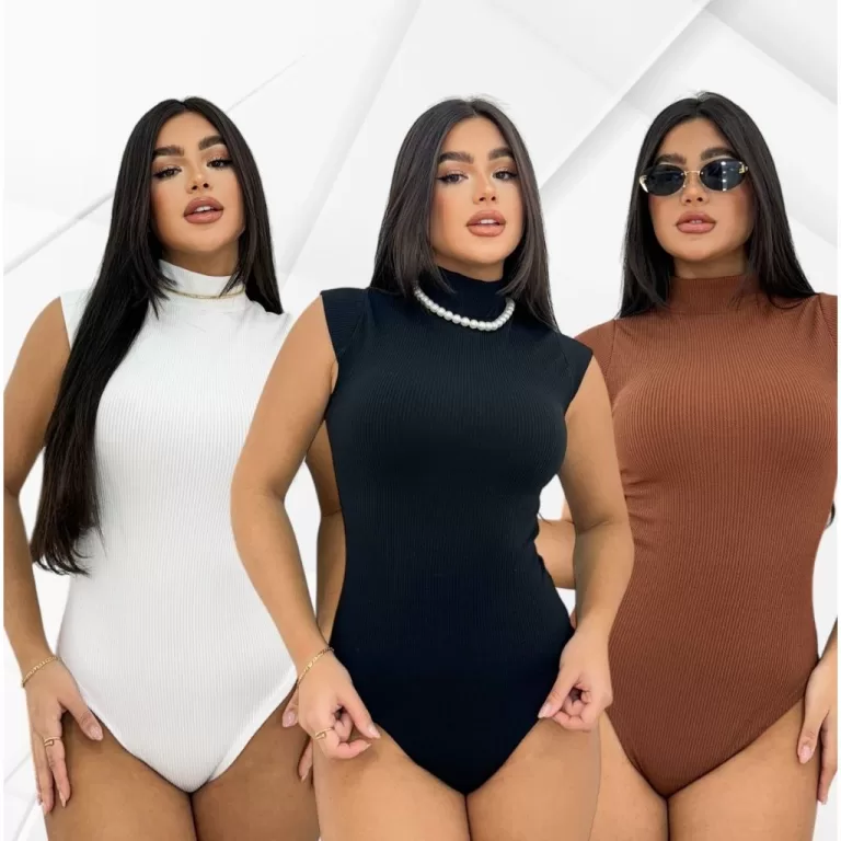 Body Feminino Gola Alta Anarruga Canelado Manguinh
