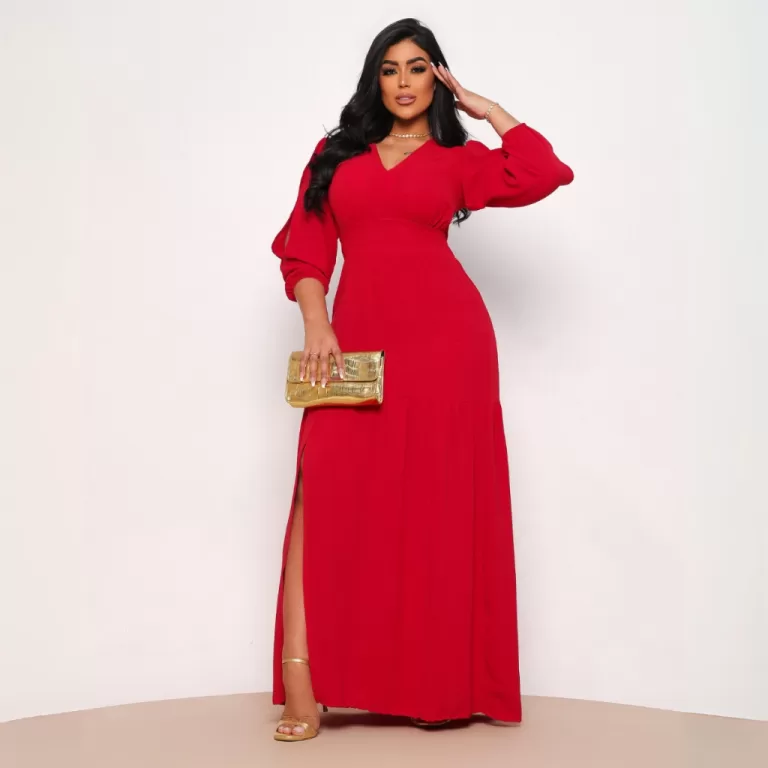 Vestido Longo Feminino Manga Longa Duna Fenda Late