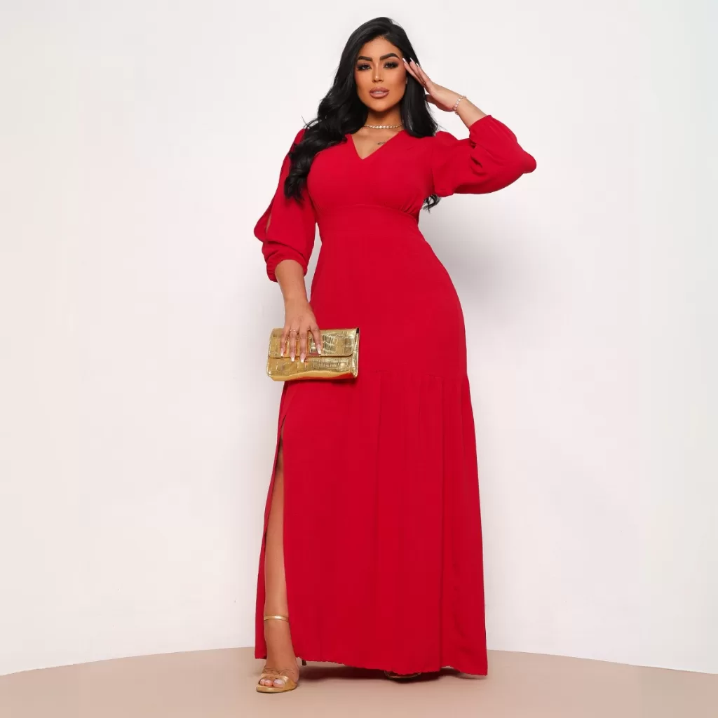 Vestido Longo Feminino Manga Longa Duna Fenda Lateral Moda Elegante Sofisticado