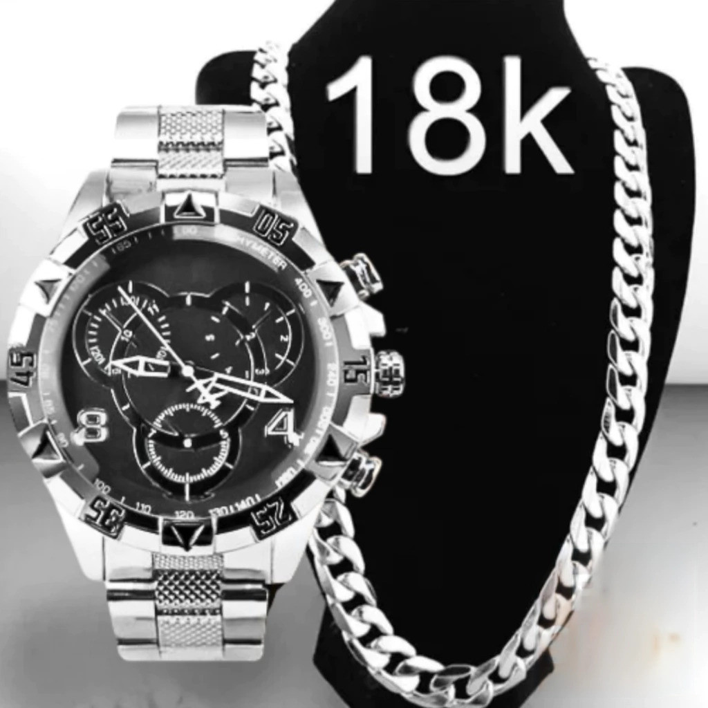 Relógio Masculino Prata Dourado Banhado 18k + Corrente Grossa 18K