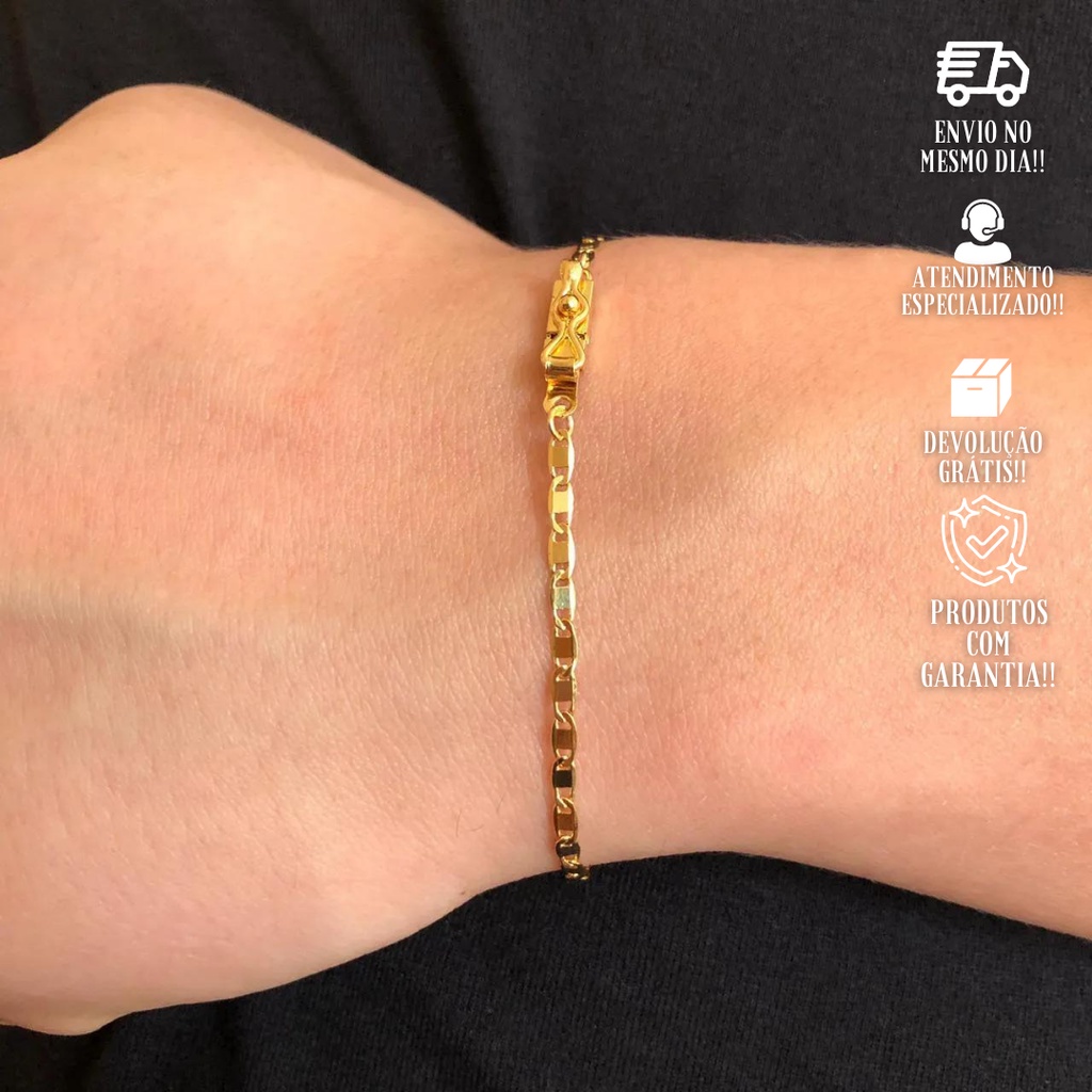 Pulseira Fininha 2mm Masculina Fecho Gaveta Banhado a Ouro 18K