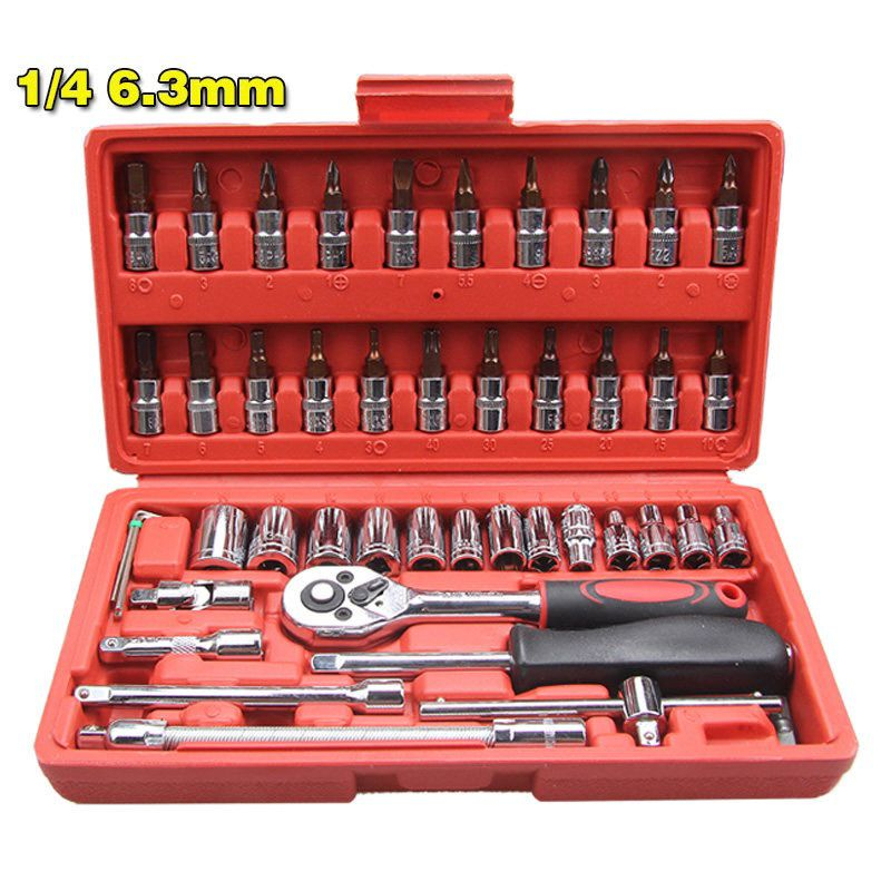 Maleta Jogo Conjunto Chave catraca 46/40 peças 1/4 com soquete reversível resistente aço inox
