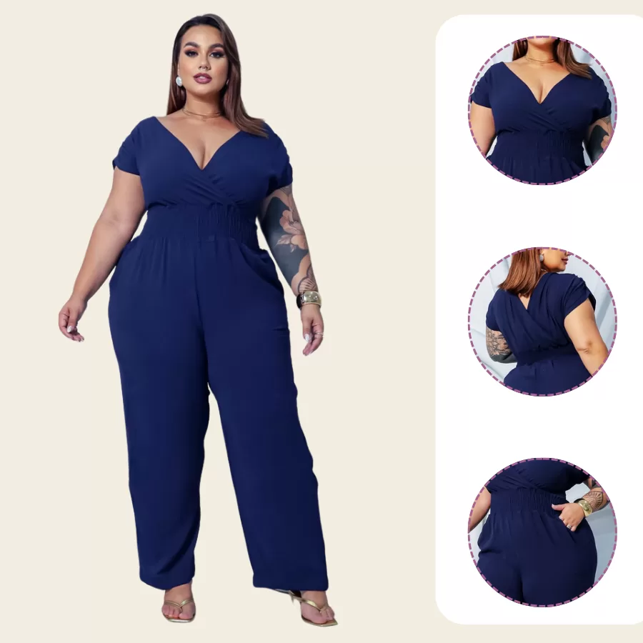 Macacão Feminino Look Plus Size Transpassado Decote V Elegante Casual Confortável Lia Rosa.