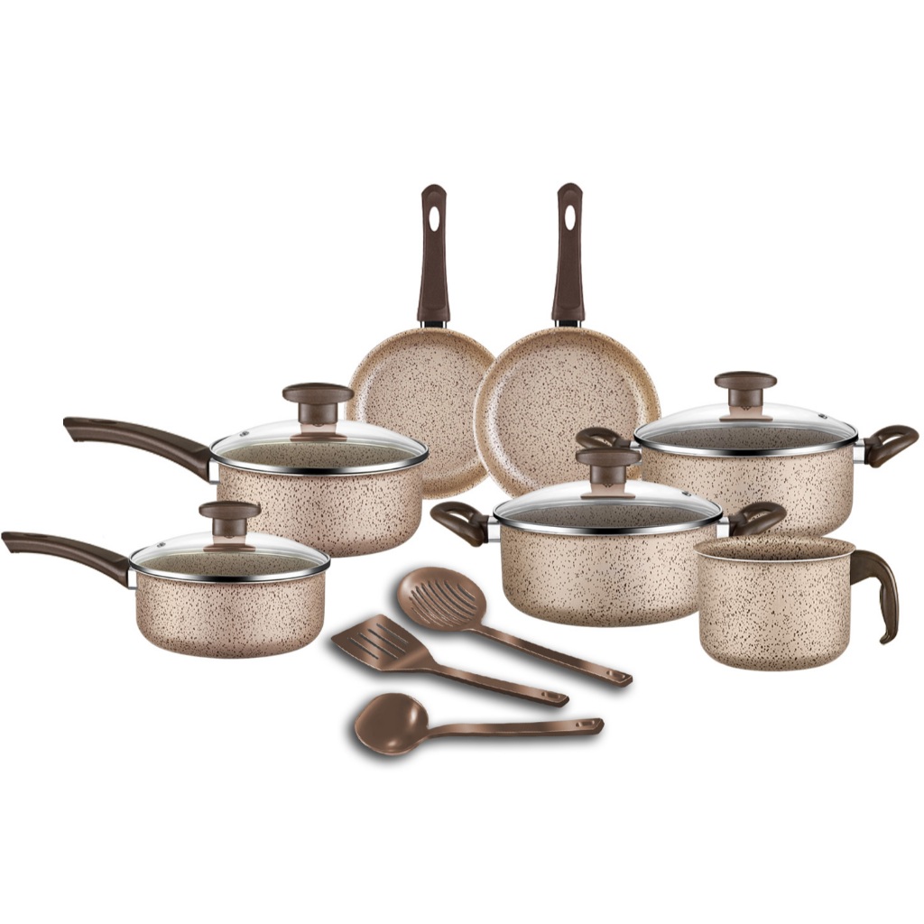 Jogo de Panelas Antiaderente 10 Peças Bianco DItália Cabo Marrom – Tampa de Vidro e Utensílios