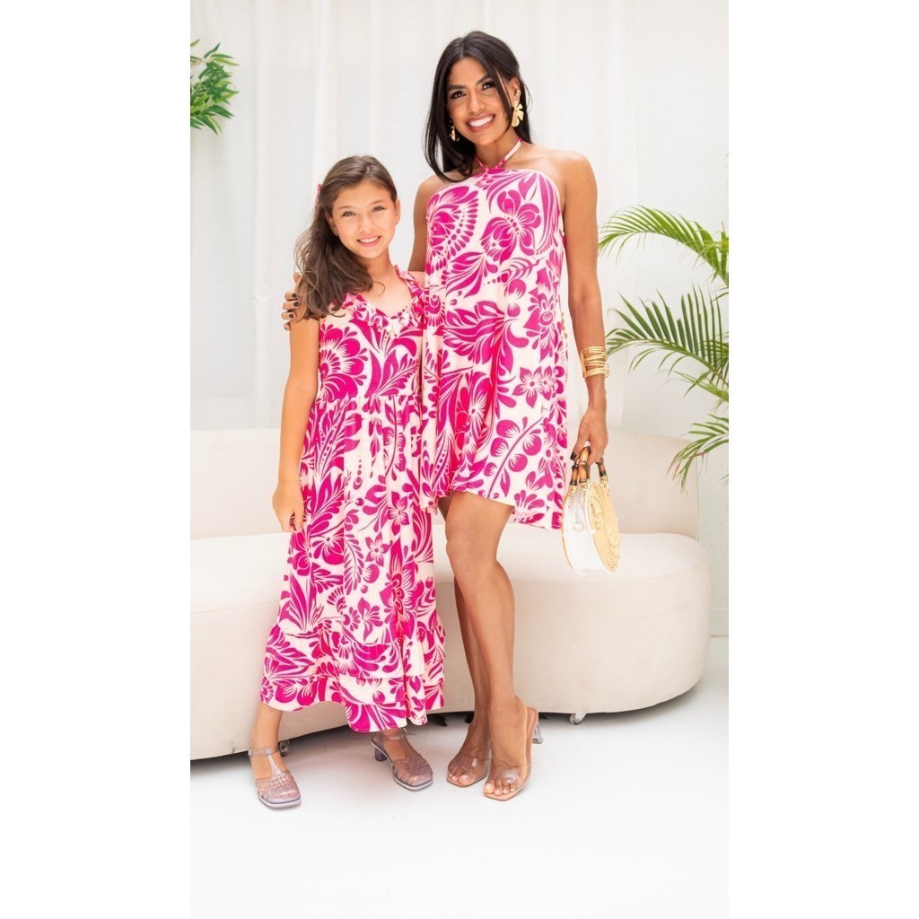 Vestido Brenda Mãe e Filha Rosa Pink Floral (Kit Adulto Infantil)