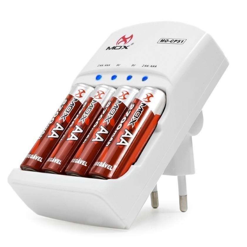 Kit recarregável mox MO-CP51 carregador + pilhas aa – Com função auto stop – (Estação do Som)