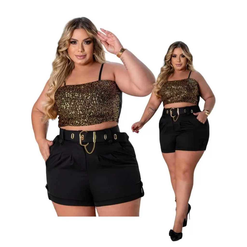 Short em alfaiataria com cinto detalhes dourado plus size