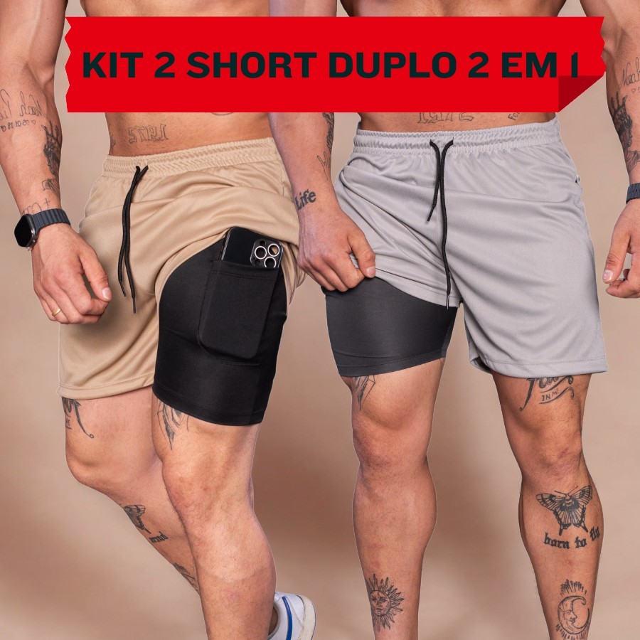 Kit 2 Short Dry 2 em 1 Bermuda Masculina Academia Treino Corrida Com Elastano