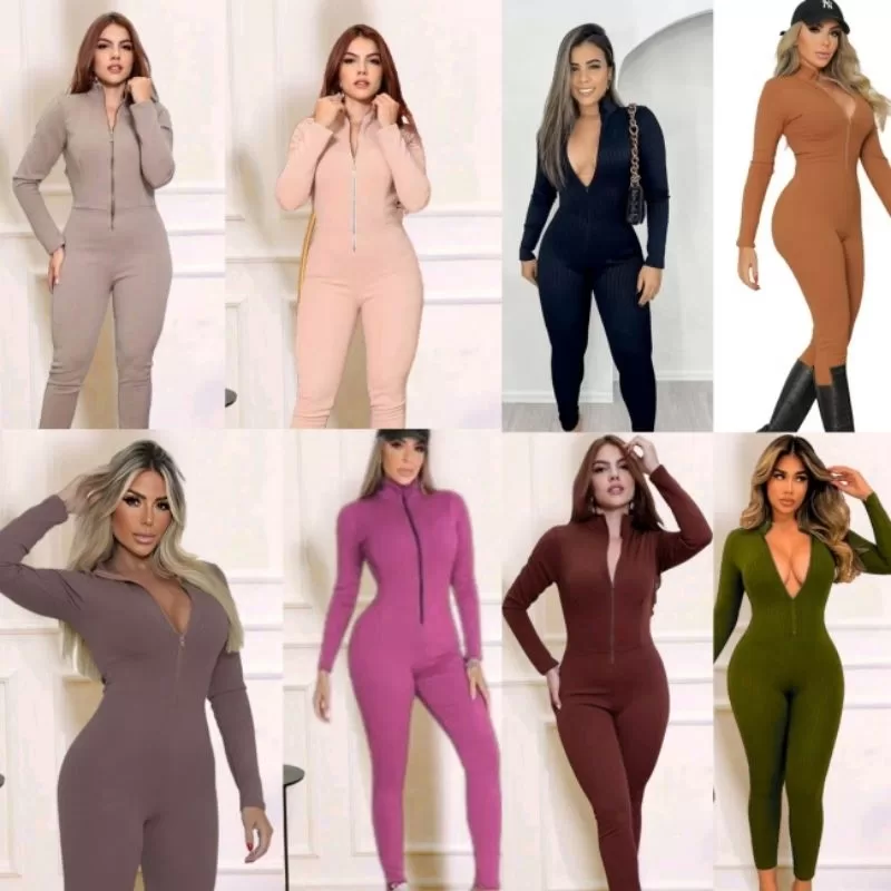 Macacão feminino Longo Canelado 3D Premium zíper gola alta moda gringa virginia academia fitnes bala
