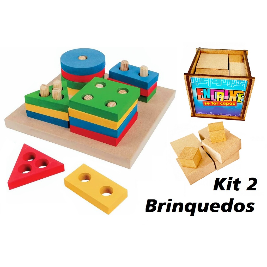 Kit 2 Brinquedos FORMAS GEOMÉTRICAS em EVA + ENCAIXE SE FOR CAPAZ em Madeira – Brinquedo Educativo