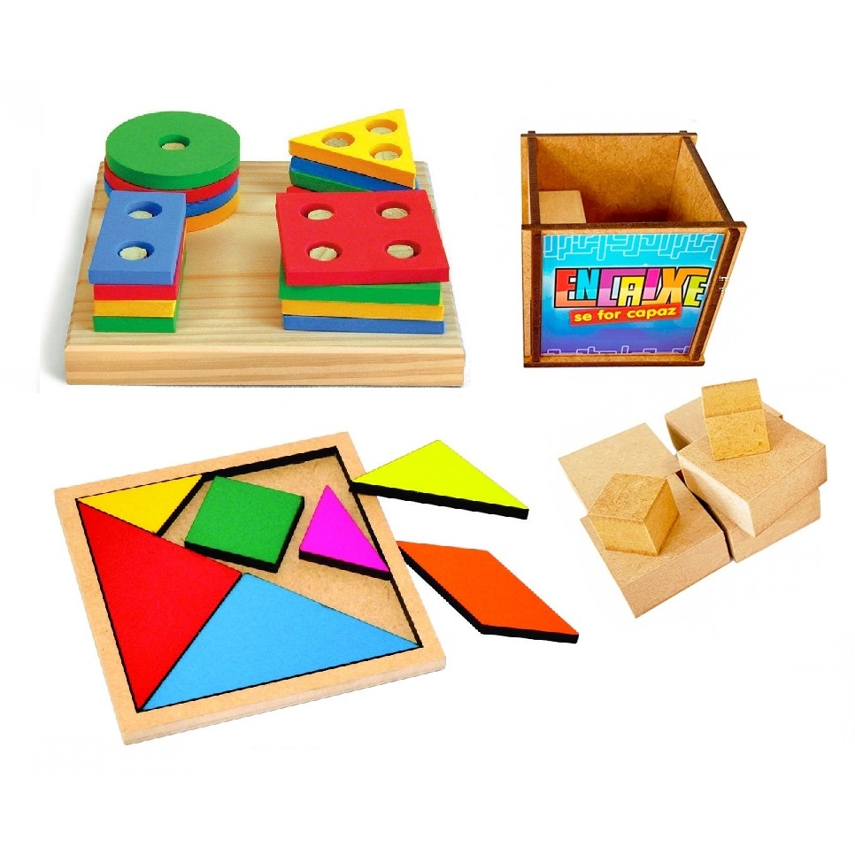 Kit 3 Brinquedos Educativos Terapêuticos Tangram + Geométrica + Capaz TEA TDAH Montessori MDF e EVA