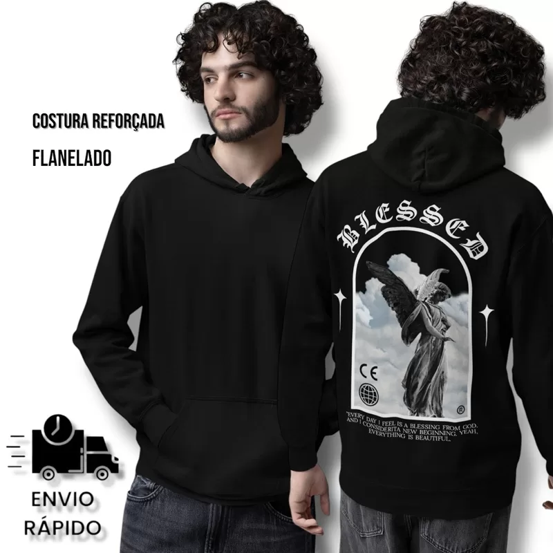 Blusa de Frio Moletom Unissex Masculino Flanelado Agasalho Preto Estampado Grosso