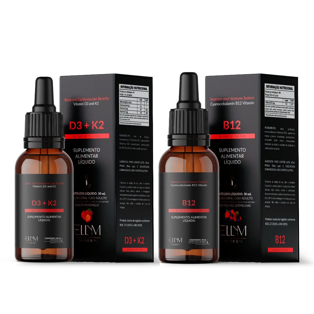 Kit Vitamina B12 + Vitamina D3 + K2 2000 ui Sublingual ELLYM NUTRITION Gotas Fortalecimento Osseo
