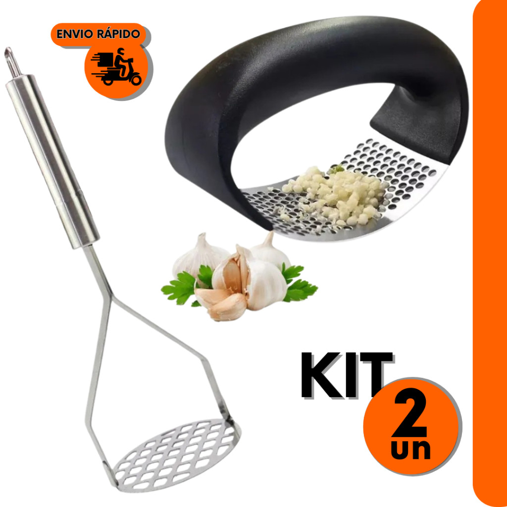 Combo 2 Peças ; Espremedor de Alho com Amassador de Batatas e Feijão, Ambos de aço Inox