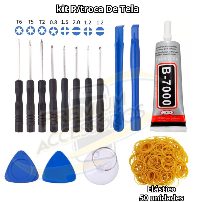 Kit de ferramentas + Cola + Elástico Para troca reparos manutenção de tela – Conserto de smartphone