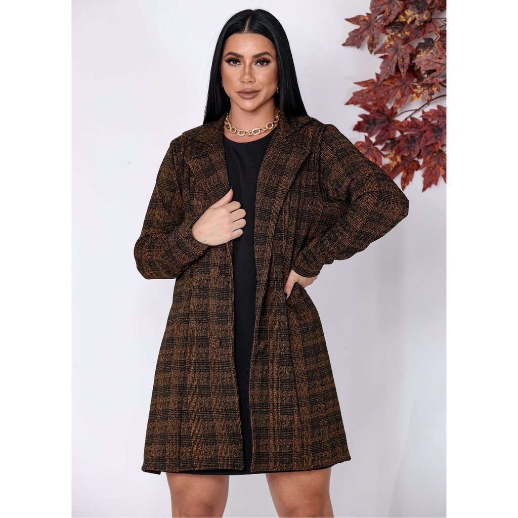 Casaco Sobretudo Feminino Cardigan Xadrez Moda Inverno Elegante