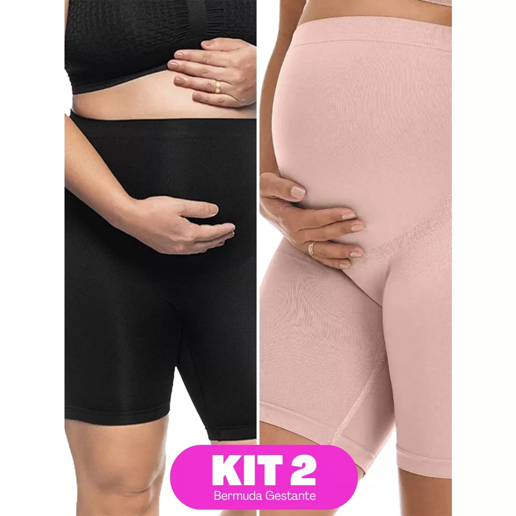 Kit 2 Peças: Bermuda Gestante Feminina Adulto Sustentável Evita Atrito Sem Compressão