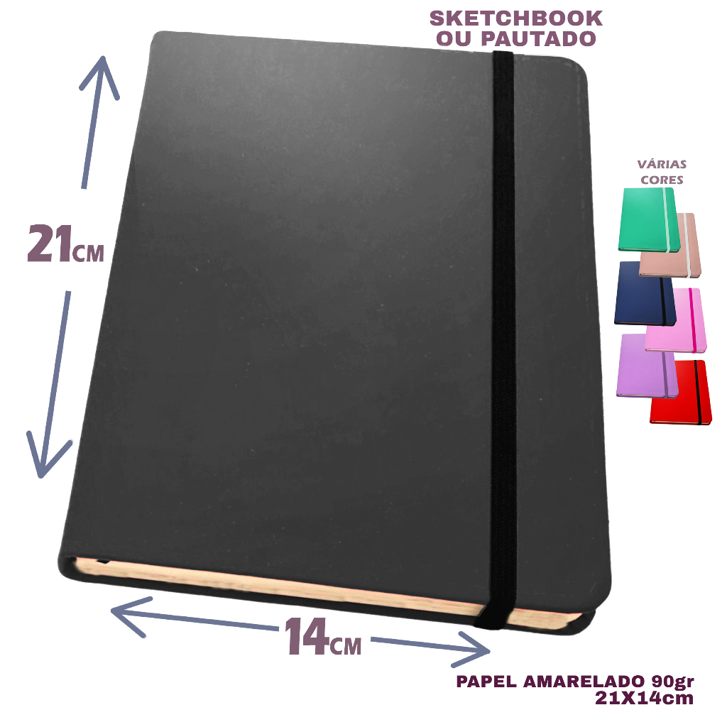 Caderno sketchbook para desenho 21×14 várias cores folhas amareladas 90g