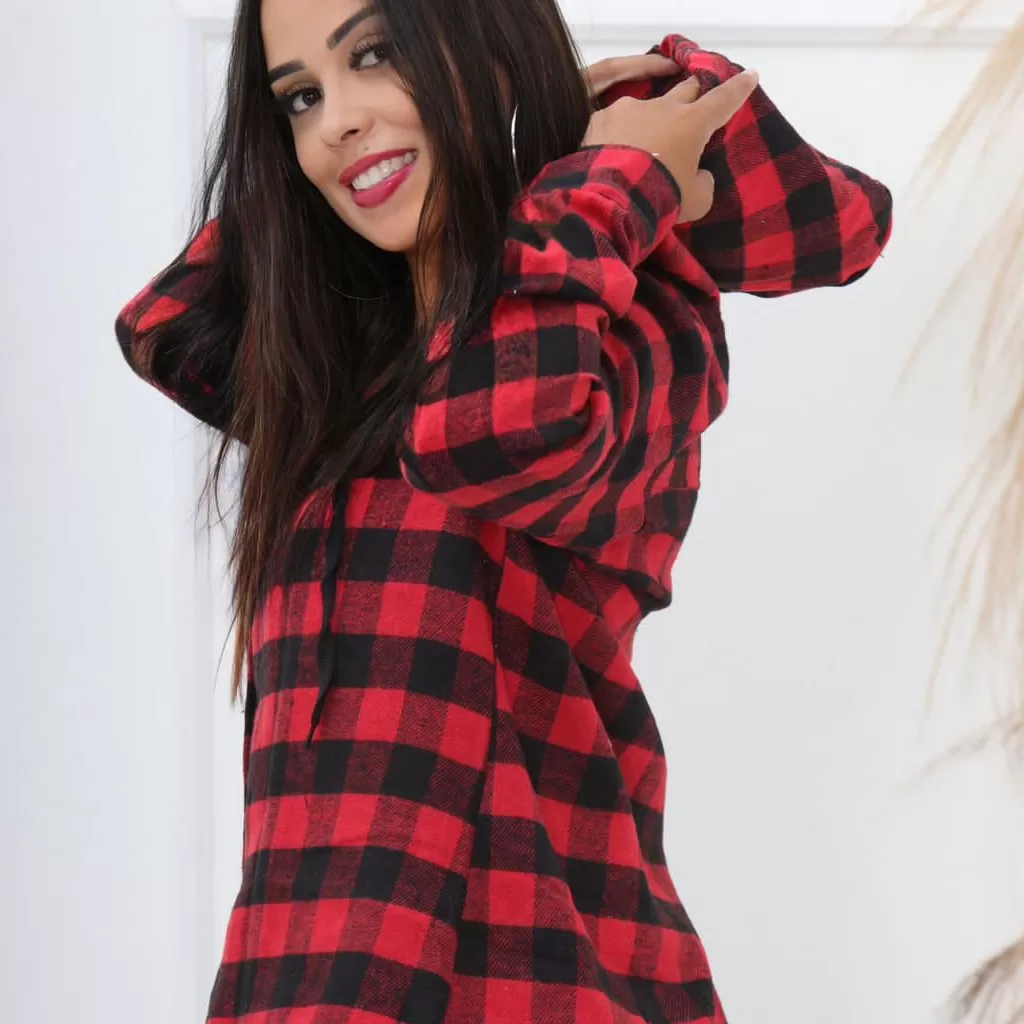 Camisa Flanelada Xadrez Feminina com Capuz | Blusa Casual para o Inverno