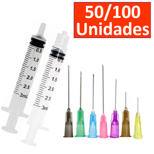 Seringa 3ml Rosca ou Liso C/ Agulhas  Kit  50/100 
