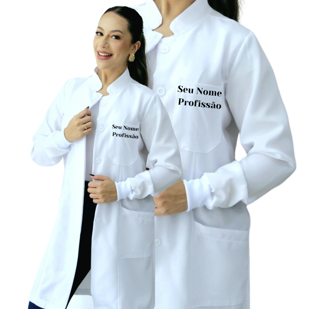 Jaleco Oxford Branco, Botão Embutido Gola Padre Com Punho, Acinturado + BORDADO SEU NOME E PROFISSÃO