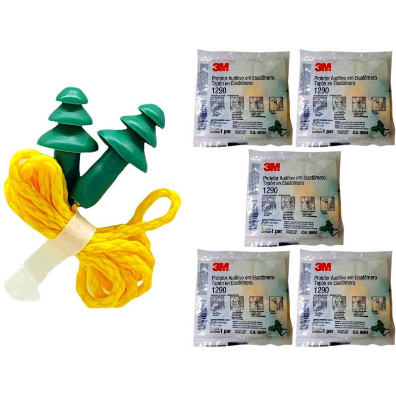 Kit 5 Protetor Auricular Auditivo Plug Em Elastômero 1290 3M Com Cordão De Algodão Para Ouvido Abafa