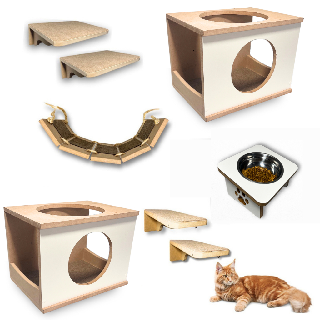 Kit Playground para Gato REFORÇADO MDF 15MM com Comedouro 8pçs Premium Alta Qualidade Frente Redonda