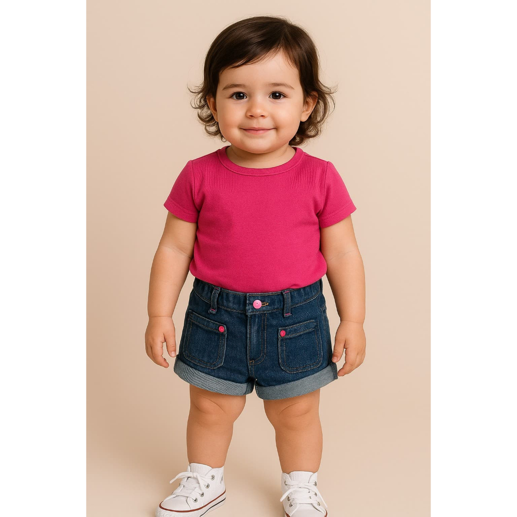 SHORT JEANS PREMIUM INFANTIL DE MENINA BEBÊ COM BOLSOS FRONTAIS CASUAL E CONFORTÁVEL 02 ANOS