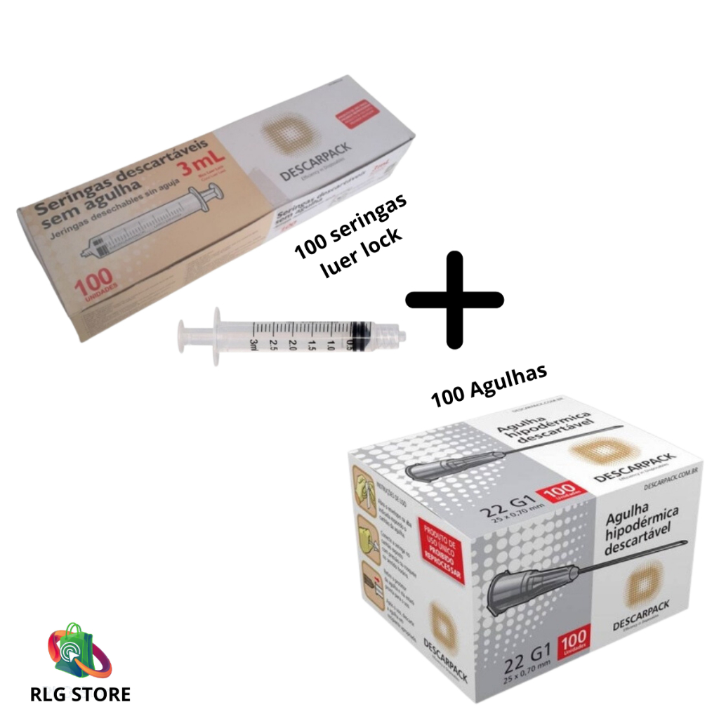 Kit 100 Seringas 3ml Bico Luer lock Descarpack + 100 Agulhas 25×0,7 Descarpack**ENTREGA IMEDIATA**