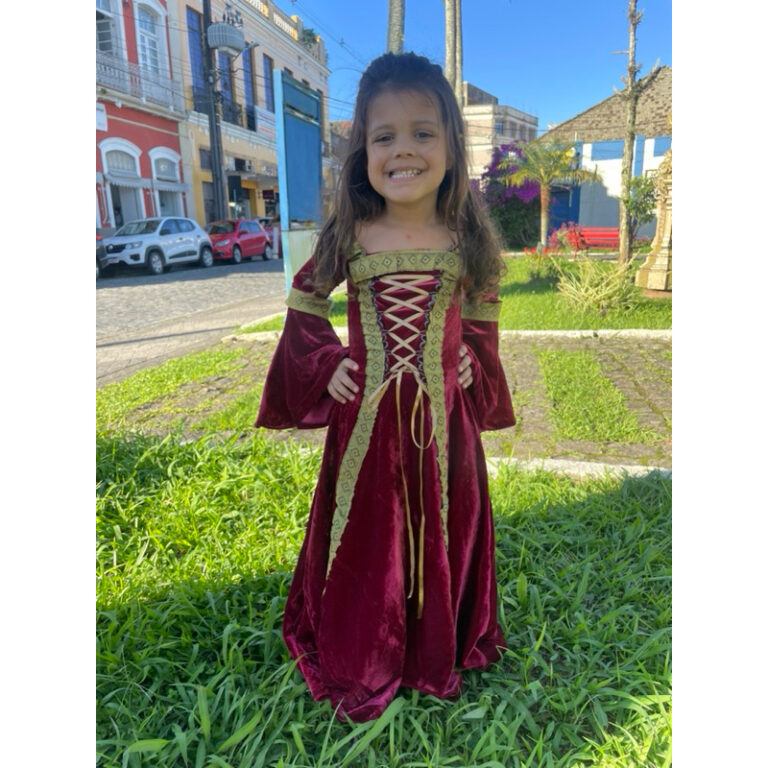 Vestido medieval infantil tradicional bordo luxo