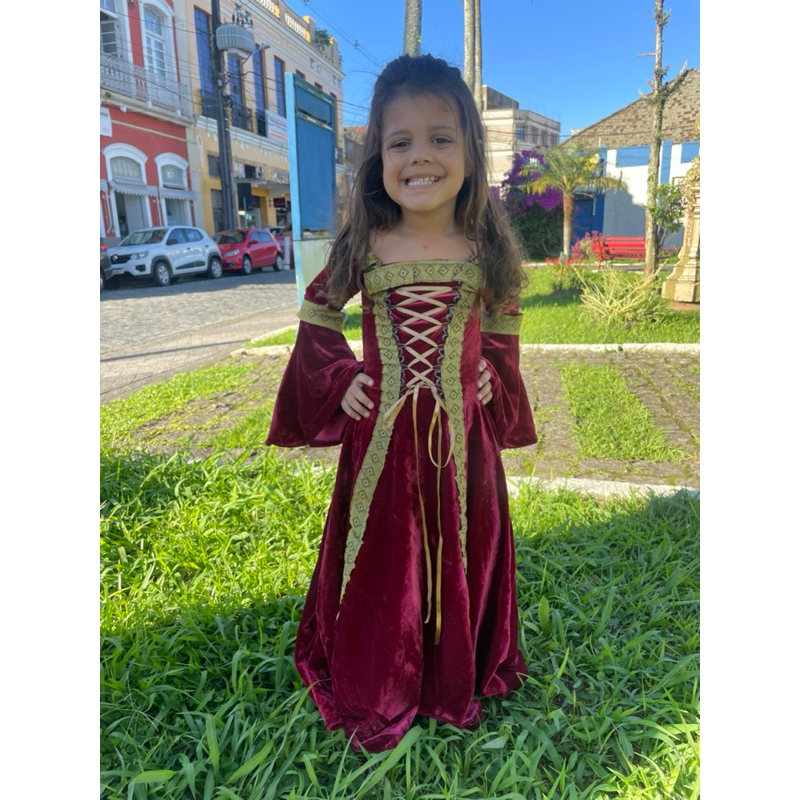 Vestido medieval infantil tradicional bordo luxo