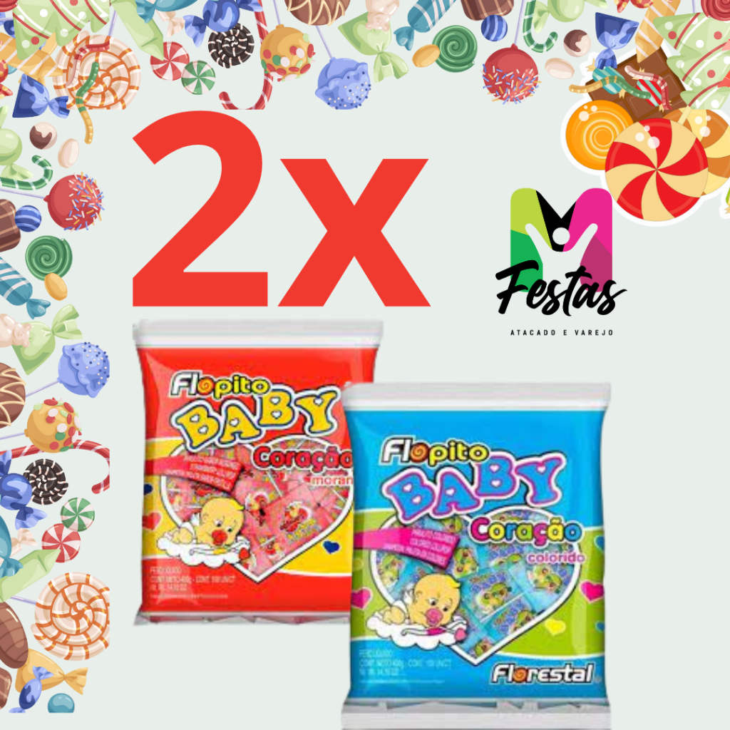 Kit 2x Pct C/50 Pirulitos Cada Em Formato De Coração Flopito Baby 200g – Para lembrancinhas – 100un