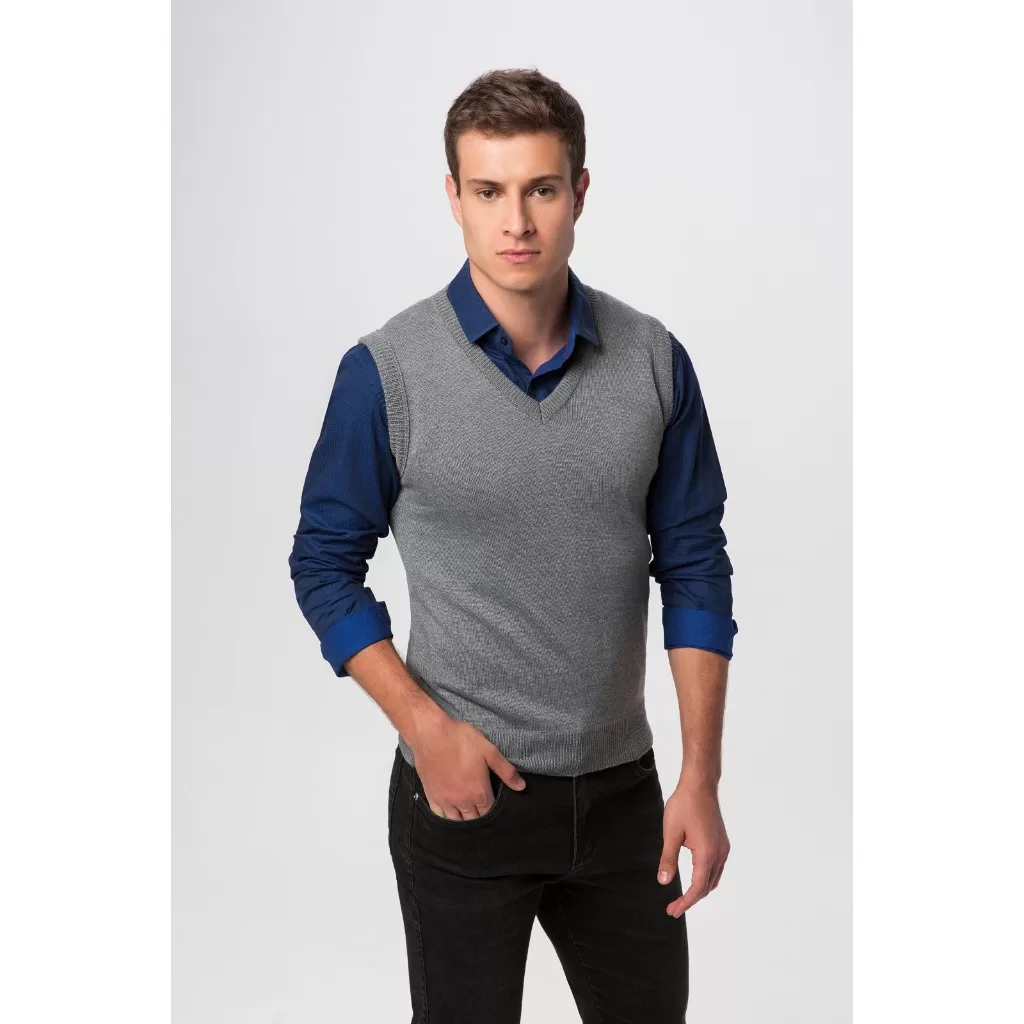 Roupa Colete Pulôver Masculino Elegante Chic Estiloso Clássico Tricot Lã Liso Gola V Sem Mangas