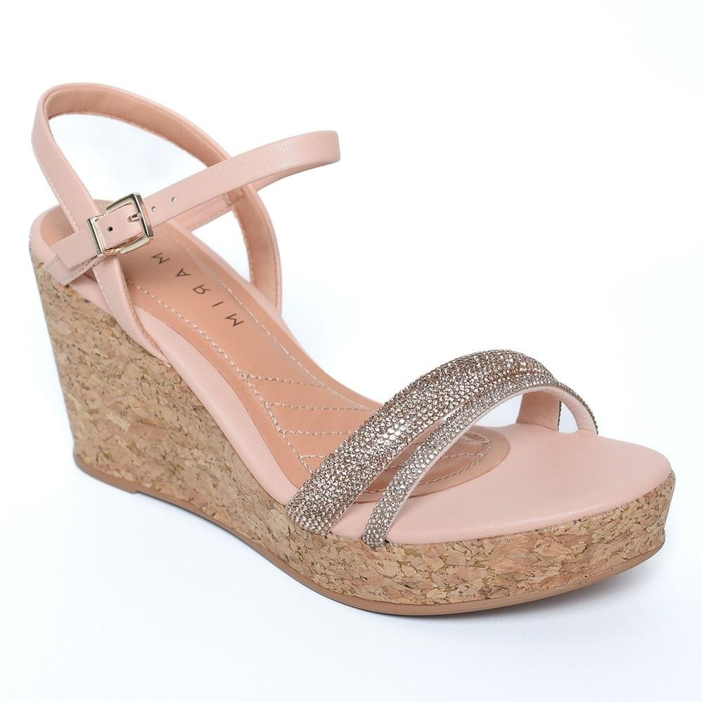 Sandália Anabela Ramarim Cortiça Tiras Strass – Rosa