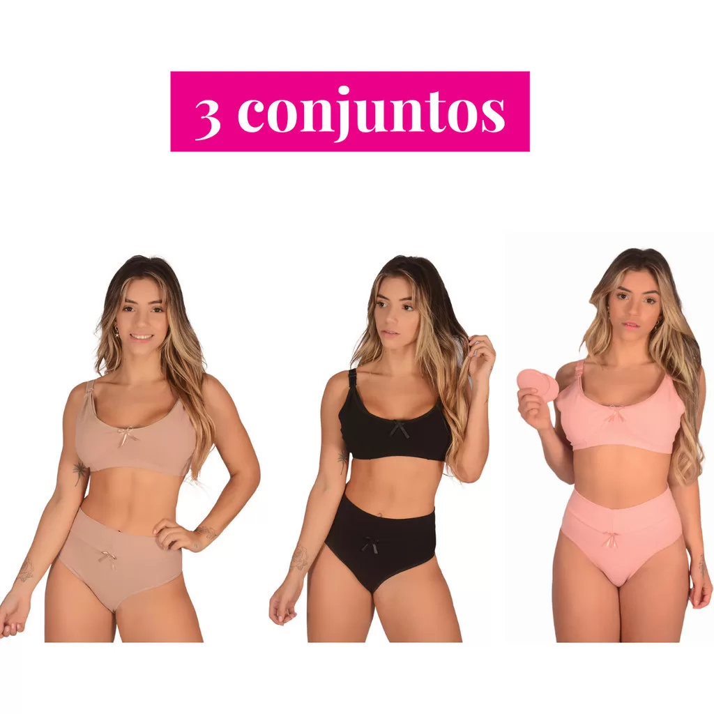 Kit com 3 Conjuntos (Sutiã de Amamentação + Calcinha Pós Parto) Reforçado em Algodão Sutian sem Bojo