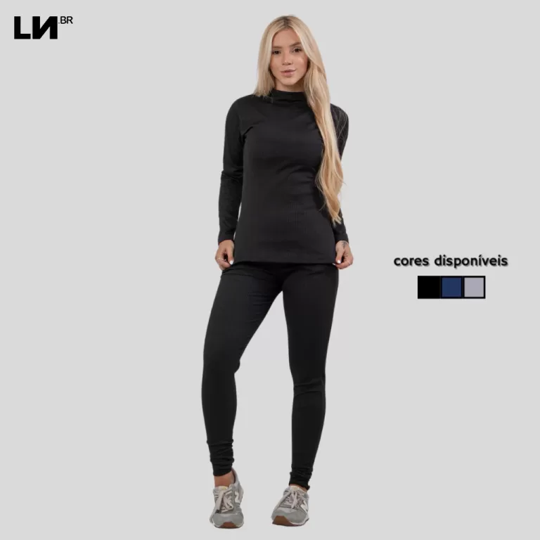 Conjunto Canelado Blusa Manga Longa Gola Alta + Ca