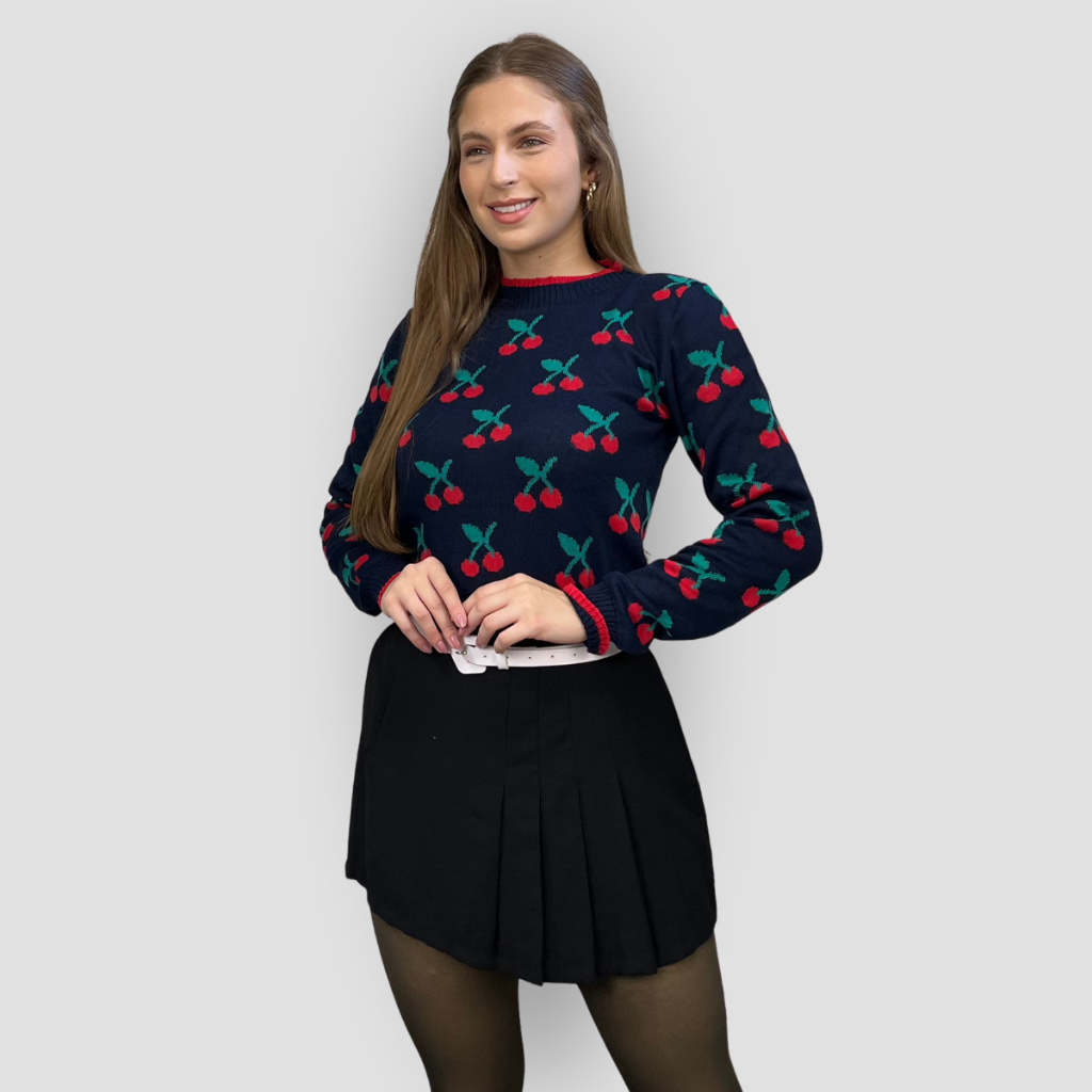 Blusa Feminina Tricot Cherry Cerejinha Manga Longa Decote Redondo Moda Inverno