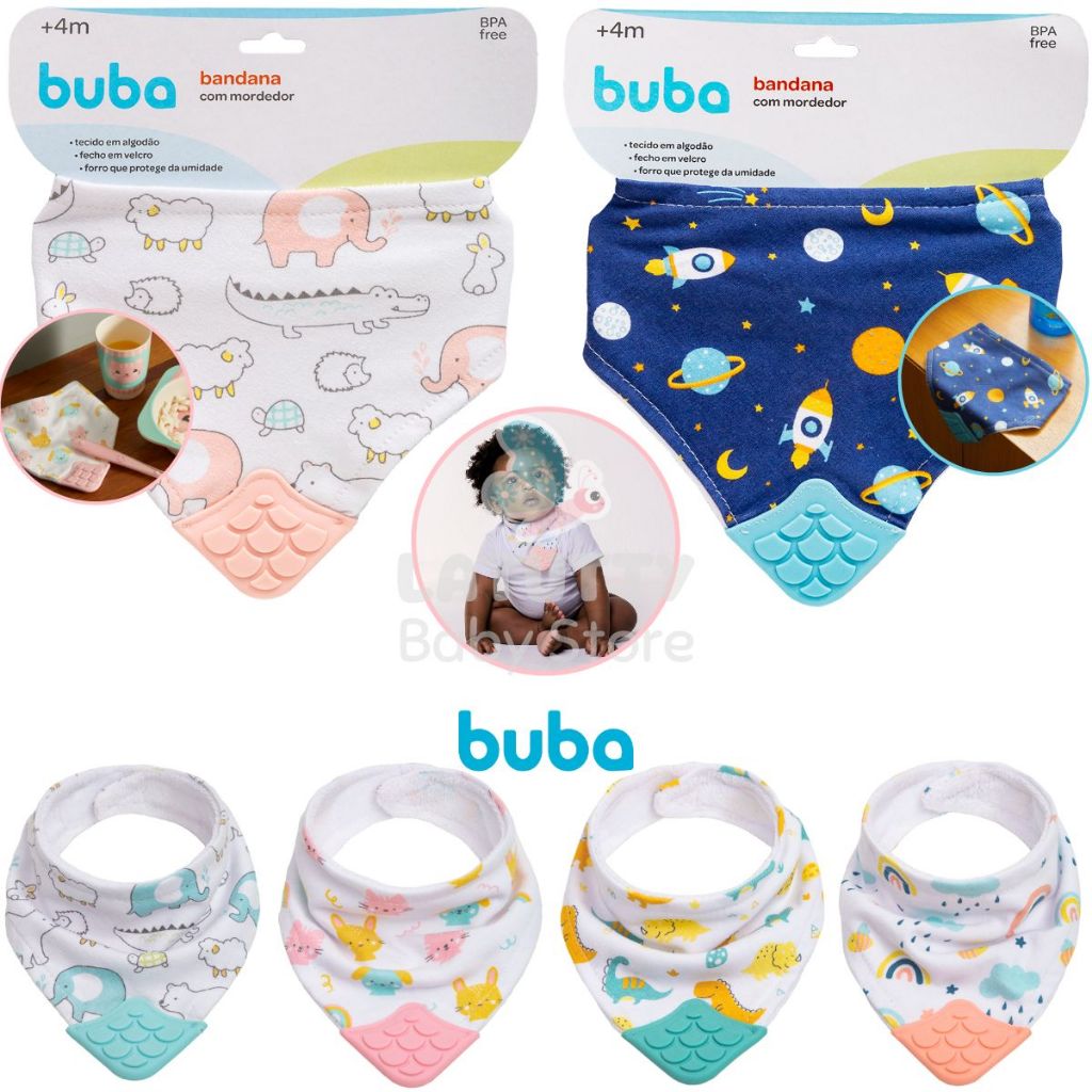 Buba Bandana Infantil com Massageador Dentes Gengiva Mordedor Bebê Babador 100% Algodão Sem Umidade