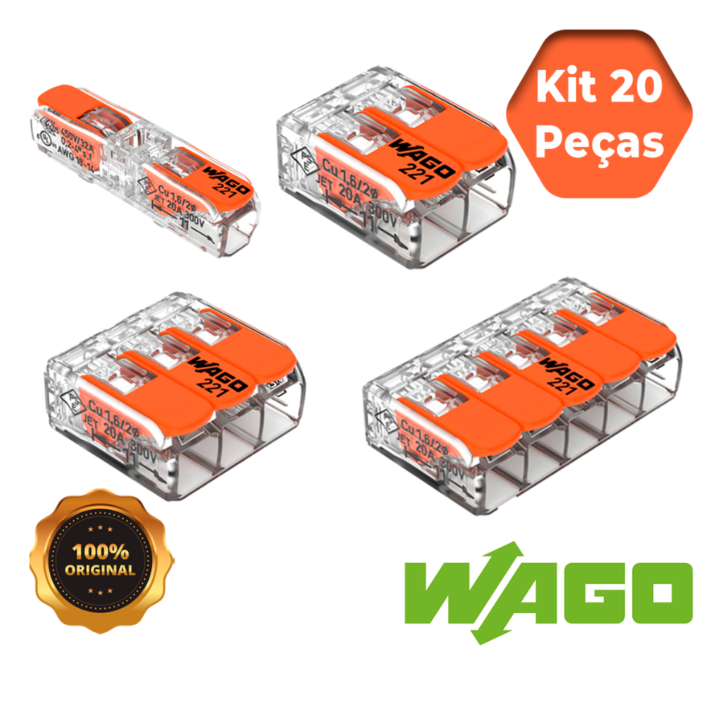 Conector de Fio Elétrico Wago Conectores Elétricos Emenda 1,2,3 e 5 vias 4mm² e 6mm² Kit 20 Peças