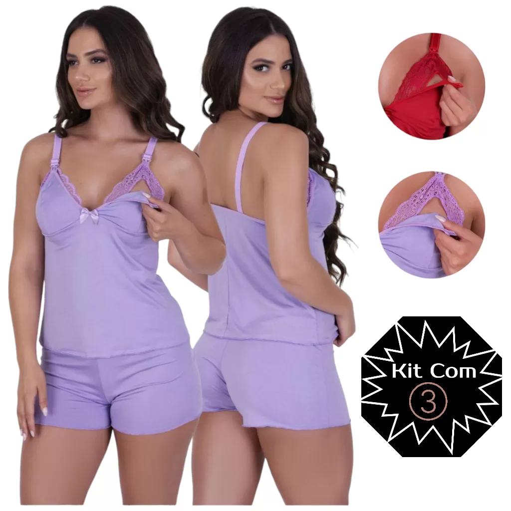 KIT 3 Baby Doll Amamentação Pós Parto Pijama Gestante Linha Maternidade