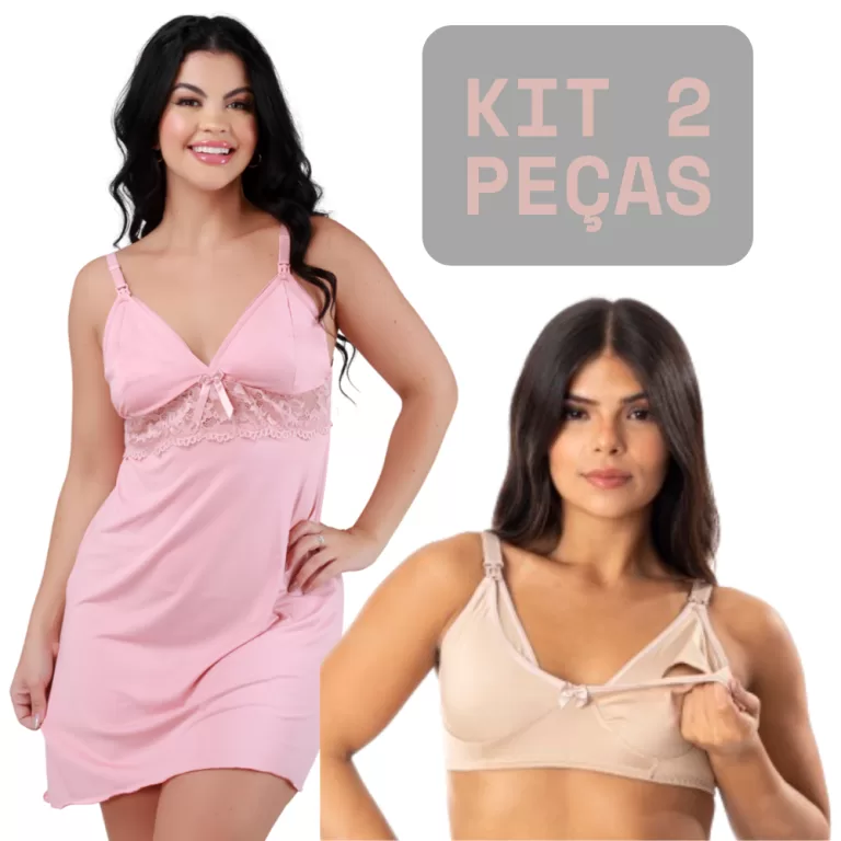 Kit Amamentação Camisola + Sutiã Em Microfibra 