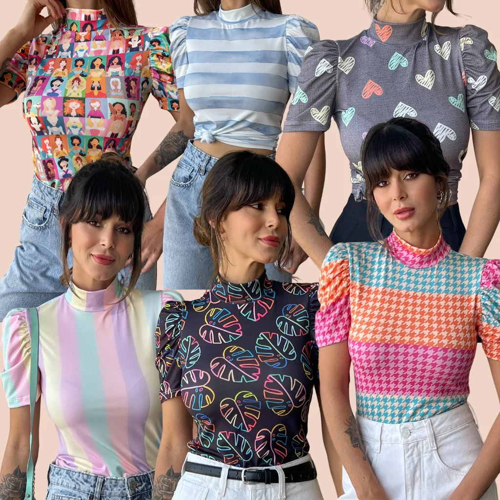 Blusa Feminina Gola Alta Manga Princesa Bufante Estampas Alegre Malha Suplex Leve e Confortável